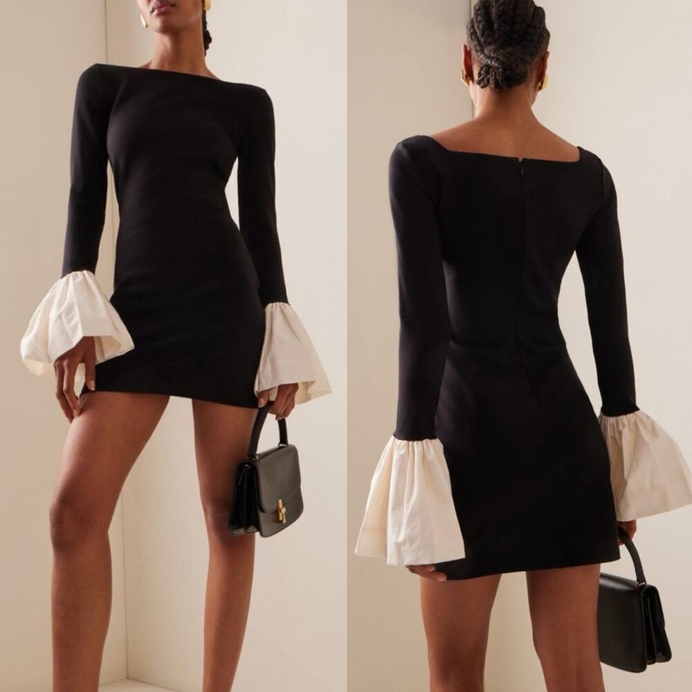 STAUD Black Long Sleeve Mini Dress with White Bell Cuffs - Picture 5 of 14